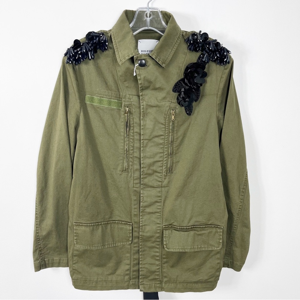 History Repeats Military Sequin Shoulders Belted Jacket Size 6 NWT Olive Green